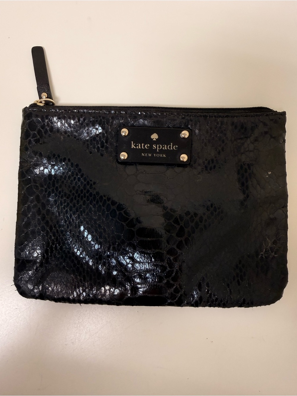 Kate Spade Black Embossed Snake-Print Cosmetic Pouch Python Skin Textured - Picture 3 of 13